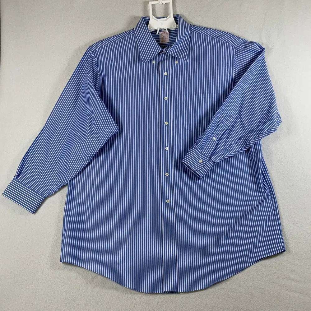 Brooks Brothers Men 17.5 2-3 Blue White Stripe Button Down Shirt Non Iron Cotton